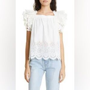 Ulla Johnson White Ruffle Sleeve Eyelet Blouse